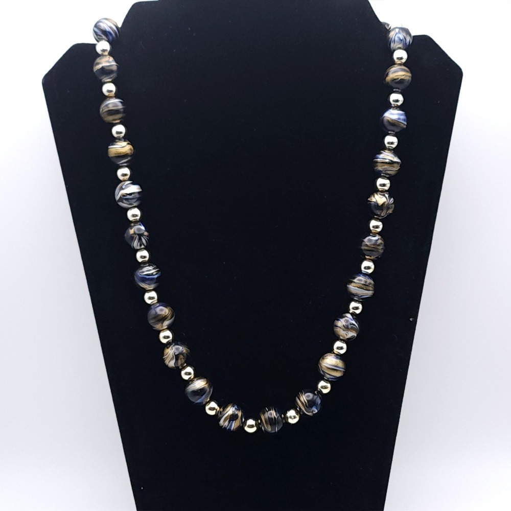 Vintage Acrylic Swirl Beaded Necklace Black Blue Gold Marbled Retro 24 Inch